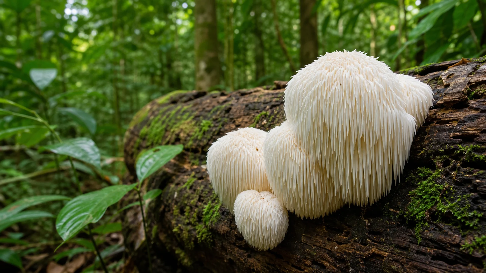 Cuerpos fructíferos de Melena de León, Hericium erinaceus, creciendo sobre madera