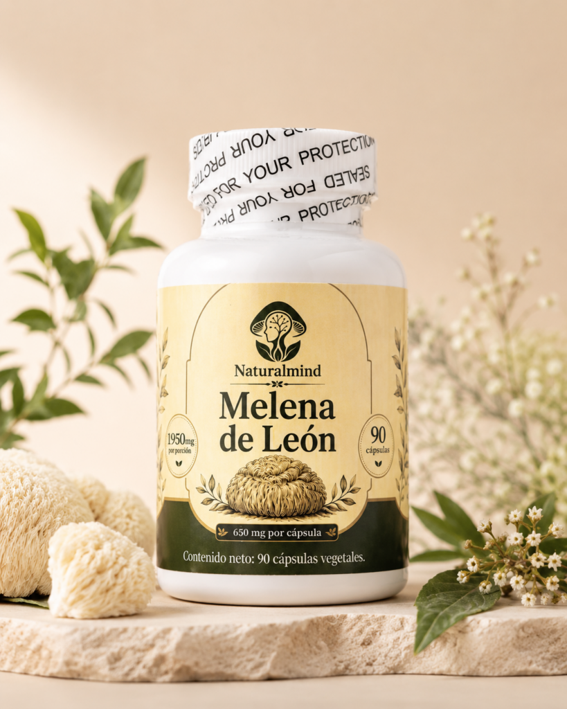 Frasco de Melena de León Natural Mind con 90 cápsulas vegetales y 650 mg por cápsula